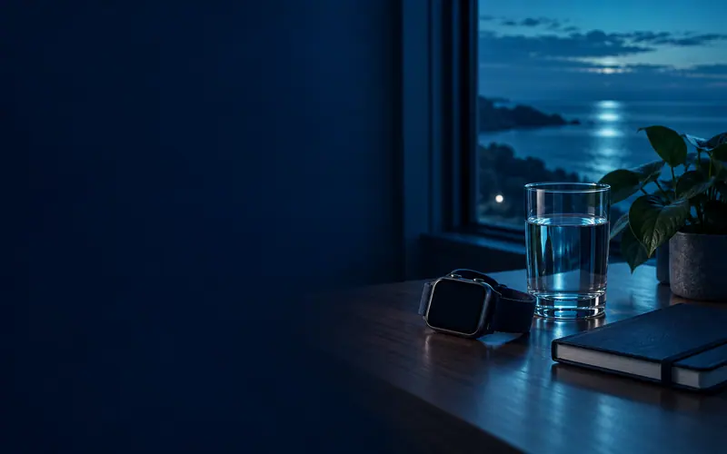A quiet bedside table at night with a glass of water, a smartwatch and a notebook beside a window overlooking the sea.