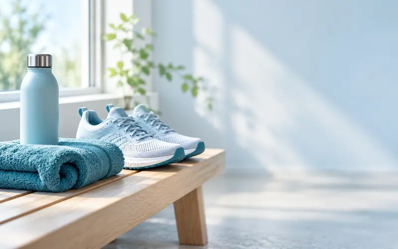 Running shoes, a water bottle and a teal towel on a wooden bench in a bright room beside a window.