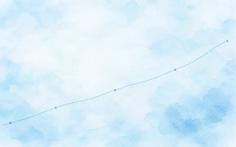 A soft blue watercolour background with a rising line of dots on a chart, suggesting steady progress over time.