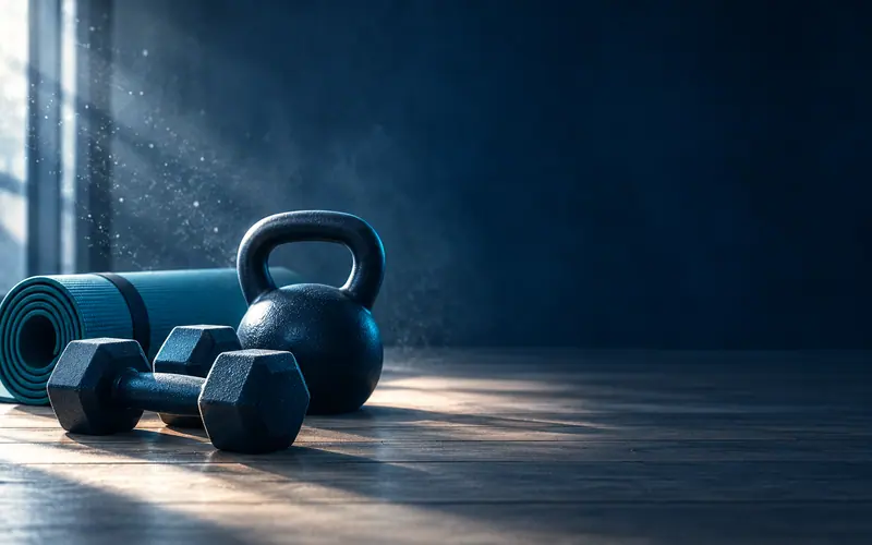 Dumbbells, a kettlebell and a rolled yoga mat on a dark gym floor with light coming through a window.