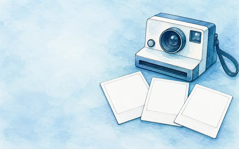 A vintage-style instant camera with three blank photo prints on a pale blue watercolour background.