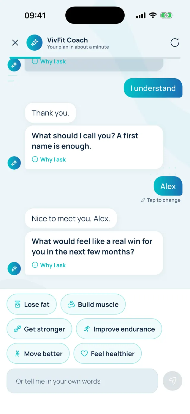 VivFit Coach onboarding chat asking what you would like to achieve in the next few months, with tap-to-answer choices such as lose fat, build muscle and get stronger.