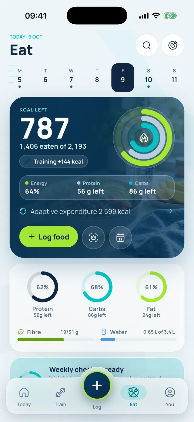 VivFit Eat diary: 787 calories left of 2,193 with rings for energy, protein and carbs all within target, plus a Log food button.