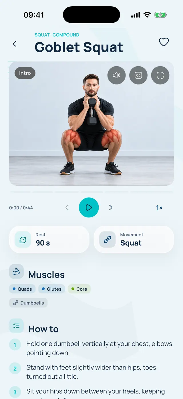 VivFit exercise page for the goblet squat with a video, rest time, muscles worked and how-to steps.