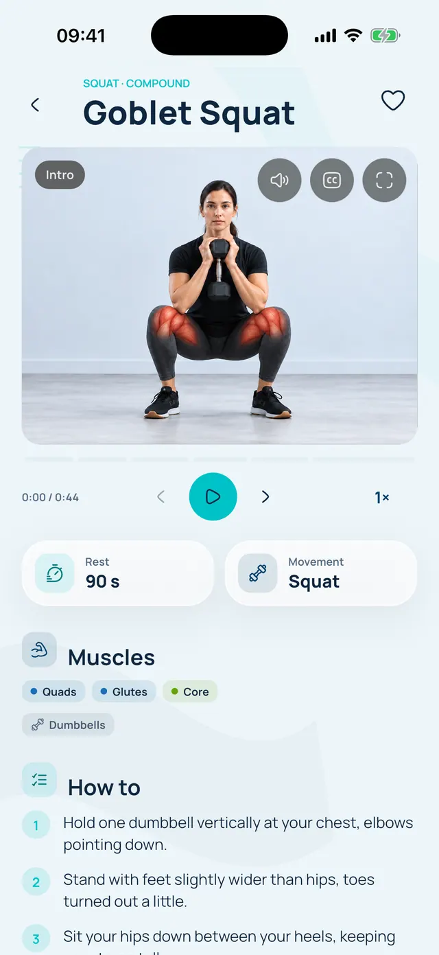 VivFit exercise page for the goblet squat with the female demo model, rest time, muscles worked and how-to steps.