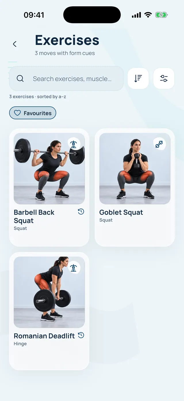 VivFit exercise library filtered to Favourites: barbell back squat, goblet squat and Romanian deadlift, each with a heart.