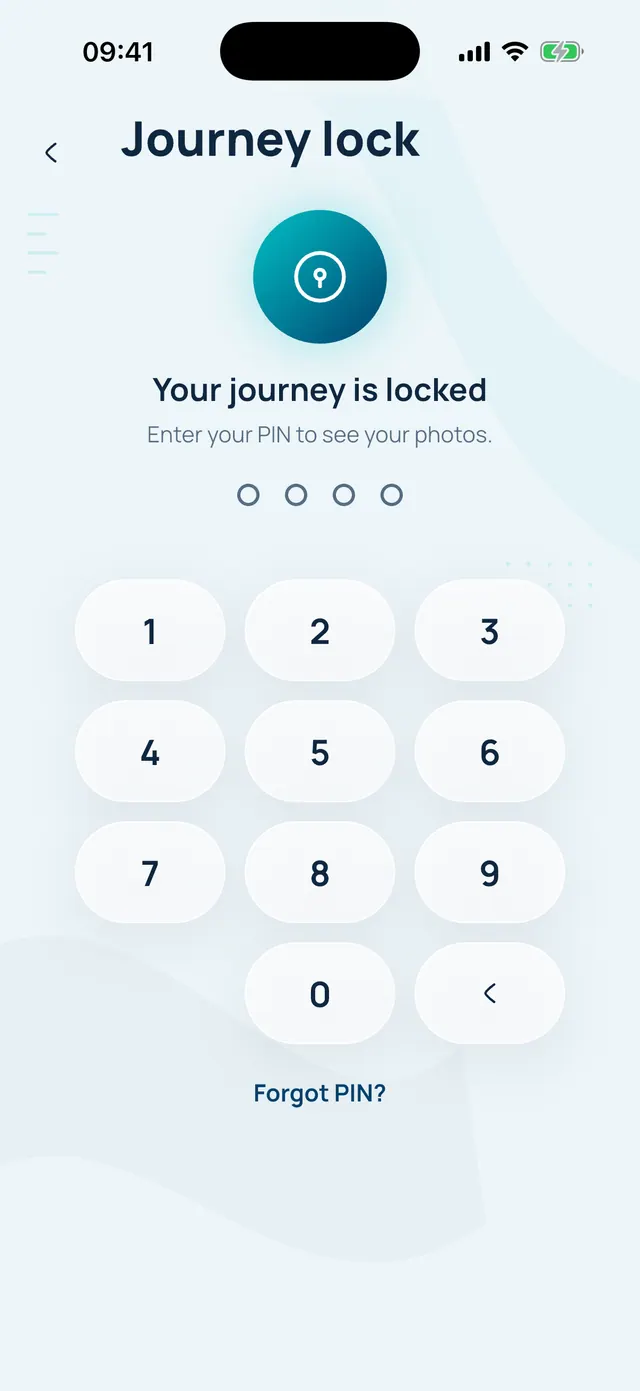 VivFit Journey lock screen: your journey is locked, enter your PIN to see your photos.