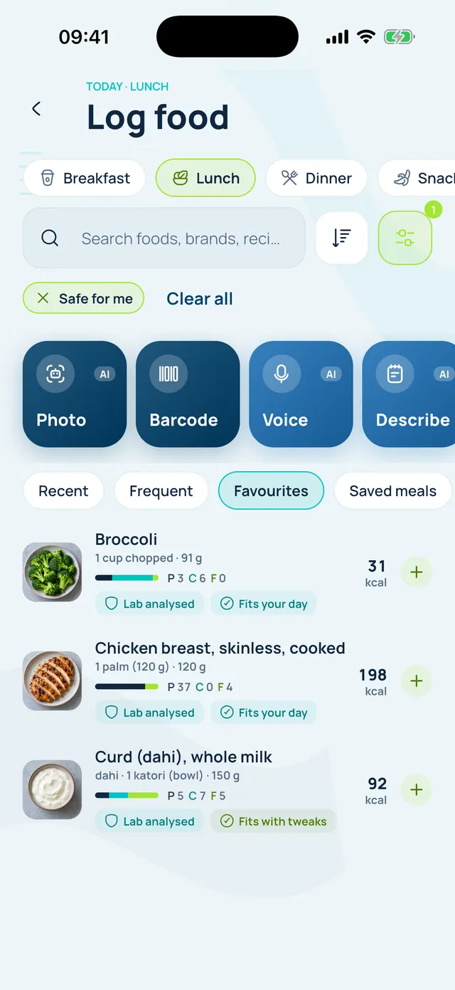 VivFit Log food screen with Photo, Barcode, Voice and Describe tiles above Recent, Frequent and Favourites tabs listing foods you log most.