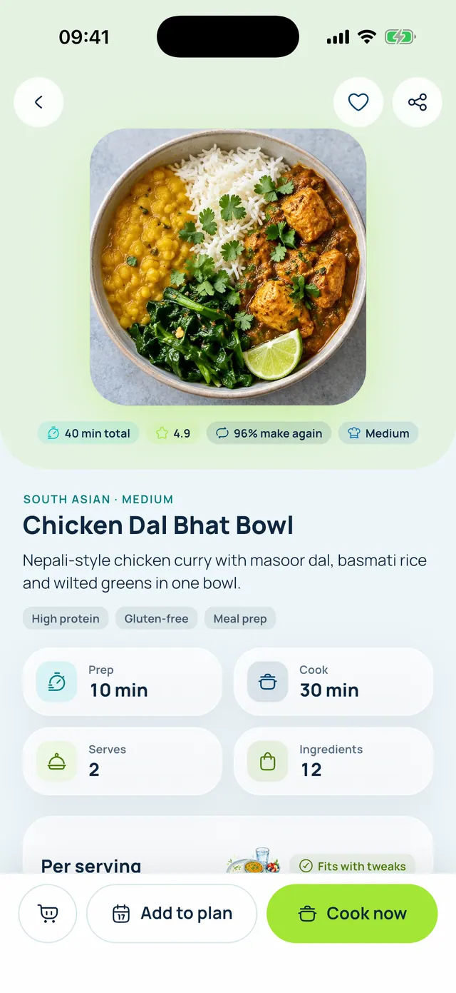 VivFit recipe page for a chicken dal bhat bowl: 40 minutes, rated 4.9, prep and cook times, servings, ingredients, and Add to plan and Cook now buttons.