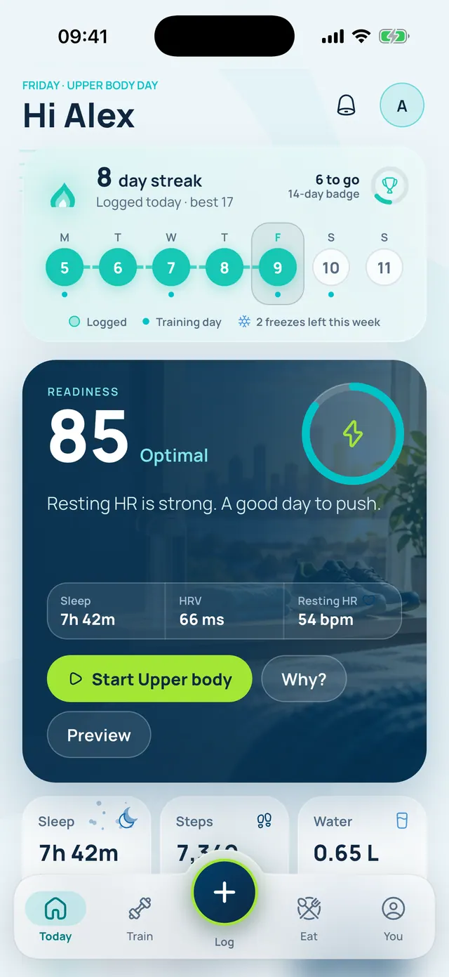 VivFit Today screen: an eight-day streak, a readiness score of 85 with the reason beside it, and sleep, HRV and resting heart rate filled in.
