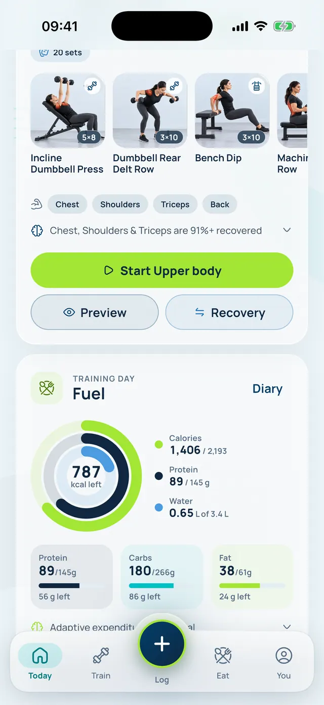 VivFit Today screen scrolled to the day’s plan and a Fuel card with calorie, protein and water rings.