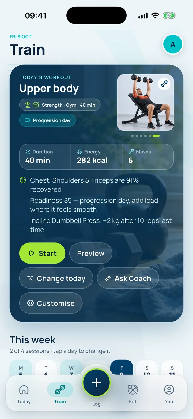 VivFit Train screen: today’s upper-body session with Start, Preview, Change today and Ask Coach, and a week strip showing a style for each day.