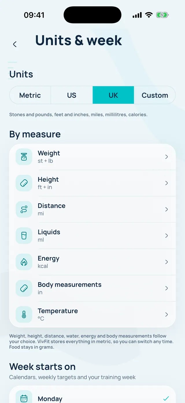 VivFit units screen with the UK preset: stones and pounds, feet and inches, miles and calories.